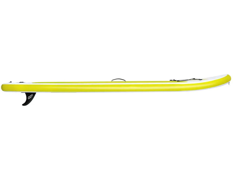 Laad afbeelding in galerijtoner, Het Bestway Hydro Force Sea Breeze SUP-board in geel en wit is van de zijkant afgebeeld met een zwarte vin en een handig handvat.