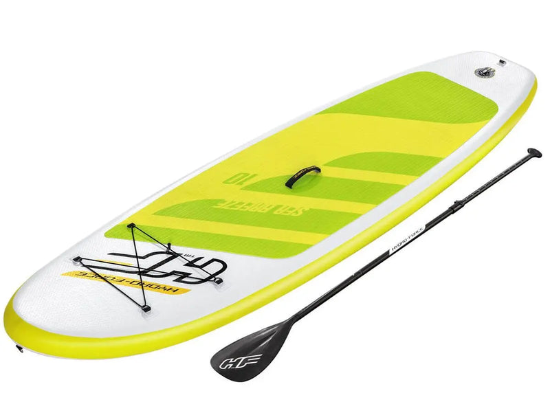 Laad afbeelding in galerijtoner, Een geel-wit Bestway Hydro Force Sea Breeze SUP-board met een peddel ernaast.