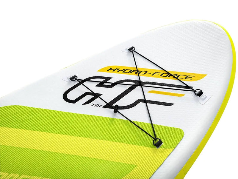 Laad afbeelding in galerijtoner, Close-up van het Bestway Hydro Force Sea Breeze SUP-board in geel en wit, met zwarte bungee-koorden en het Bestway-logo op het opblaasbare board.
