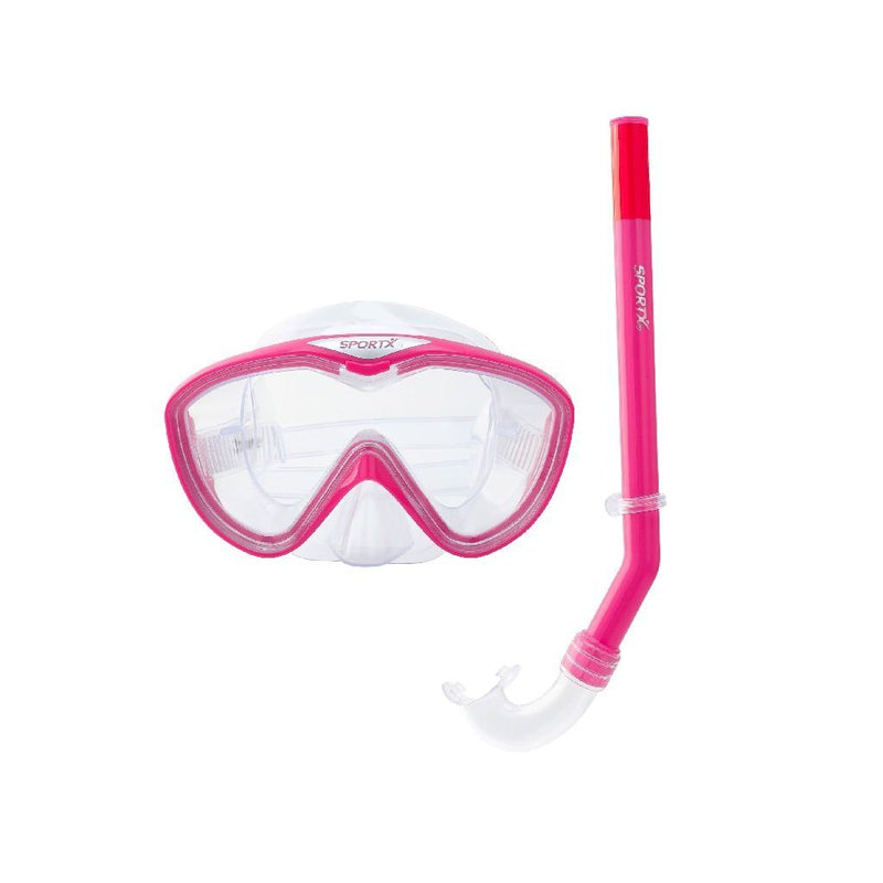 Laad afbeelding in galerijtoner, Een roze snorkelset bestaande uit een duikbril en een snorkel van SportX