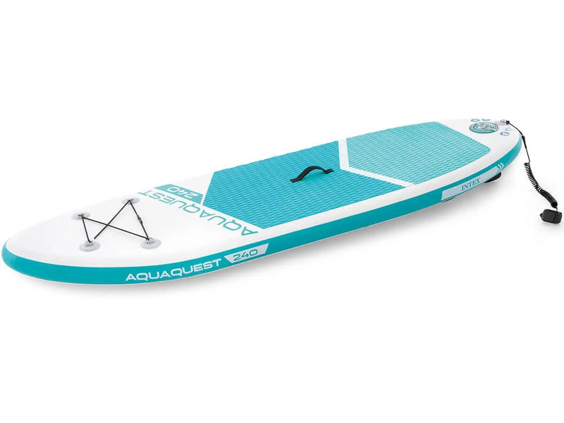 Laad afbeelding in galerijtoner, De Intex AquaQuest 320 SUP-set is een blauwgroene en witte set van Intex, met een enkelriem, een elastiek aan dek en duurzame Drop Stitch-technologie.