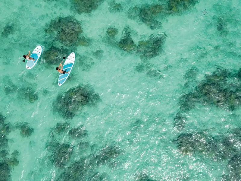 Laad afbeelding in galerijtoner, Twee personen paddleboarden over helder turquoise water met donkere onderwaterrotsen en glijden soepel op de Intex AquaQuest 320 SUP-set van Intex, gebouwd met Drop Stitch-technologie voor uitstekende stabiliteit.