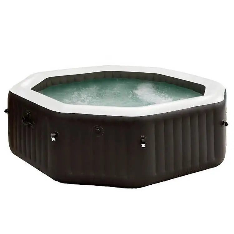 Laad afbeelding in galerijtoner, Zwarte opblaasbare jacuzzi die aan staat.
