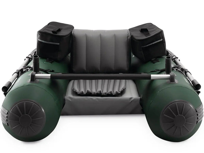 Laad afbeelding in galerijtoner, De Intex Opblaasbare Belly Boat Big Catch Pro heeft een groen/grijs opblaasontwerp met opblaasbare vloer, twee zijtassen, een geribbelde zitting en peddels - ideaal voor sportvissers. Afgebeeld vanaf de voorkant. Merk: Intex.