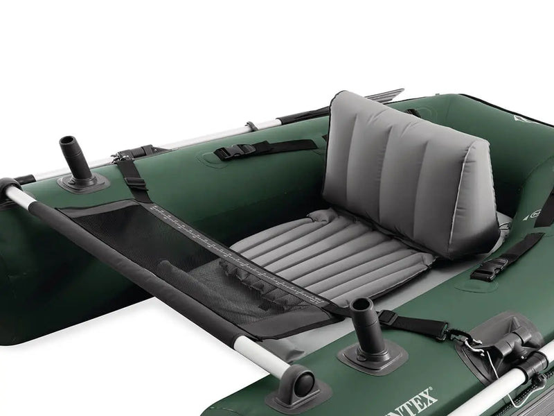 Laad afbeelding in galerijtoner, De Intex Opblaasbare Belly Boat Big Catch Pro heeft een groen opblaasbaar ontwerp, een grijze, gewatteerde zitting, zwarte gaasopbergruimte, een opblaasbare vloer en gemonteerde hengelhouders - perfect voor sportvissers.