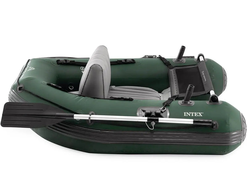 Laad afbeelding in galerijtoner, De Intex Opblaasbare Belly Boat Big Catch Pro heeft een groen design, een grijze zitting, een opblaasbare vloer en een zwarte peddel. Ideaal voor sportvissers die comfort en stabiliteit op het water zoeken.