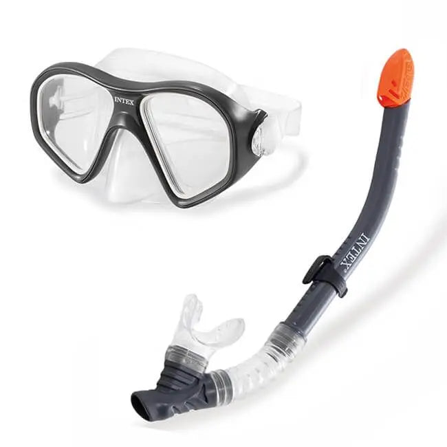 Laad afbeelding in galerijtoner, Zwarte snorkelset van Intex met een duikbril en snorkel.
