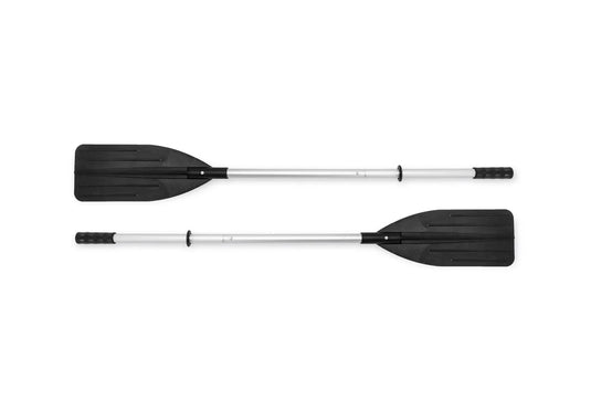 Twee Intex Roeispanen 2ST in zwart en zilver met rechthoekige bladen en getextureerde handgrepen, parallel geplaatst op wit—ideaal voor comfortabele roeien met opblaasboten. Merk: Intex.