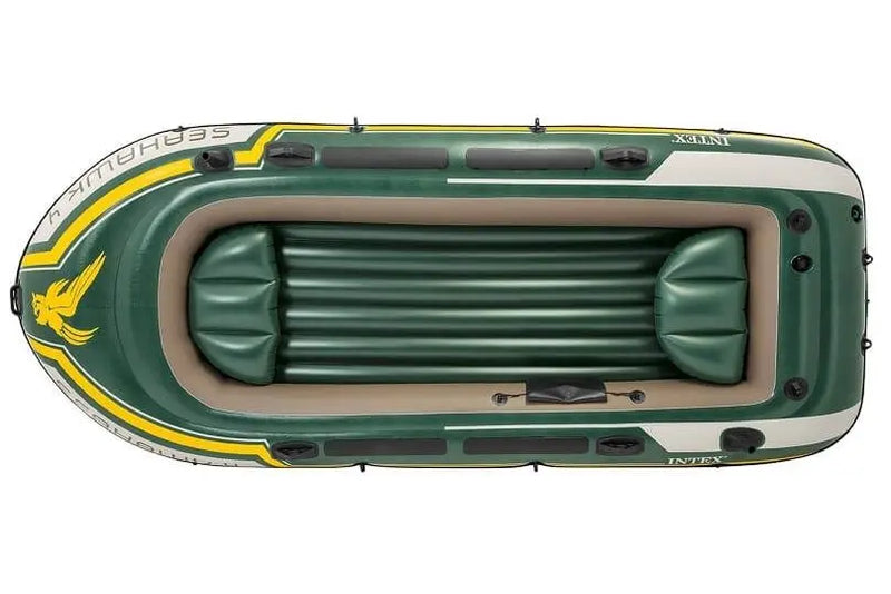 Laad afbeelding in galerijtoner, De Intex Seahawk 4 Opblaasbootset van Intex, uitgevoerd in groen en geel met zwarte handgrepen en een adelaarprint op de voorkant, is ideaal voor recreatief tochten op het water.