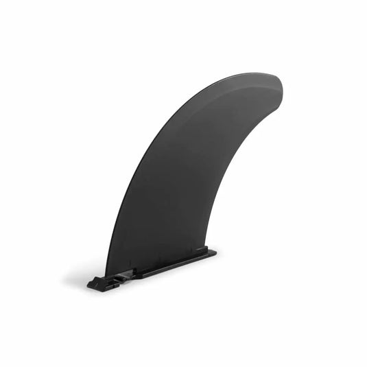 Een rechtopstaande, zwarte Intex Skeg-surfplankvin op een witte achtergrond, ontworpen om de skegstabiliteit van uw Intex-kajak te verbeteren.