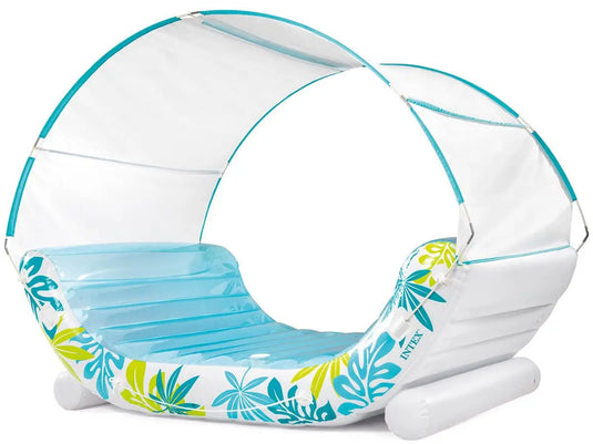 Geniet van zonnige dagen bij het zwembad op de Intex Tropical Canopy van Intex: een stijlvolle dubbele loungeset met een tropisch bladpatroon en een zonwerende luifel voor ultieme ontspanning.