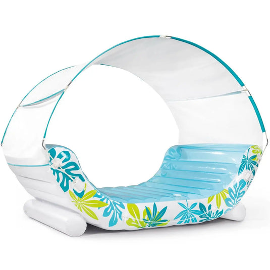 De Intex Tropical Canopy van Intex is een blauw-witte opblaasbare ligstoel met groene bladpatronen, voorzien van een luifel voor stijlvolle ontspanning. Ideaal als loungestoel voor twee personen om samen van het water te genieten.