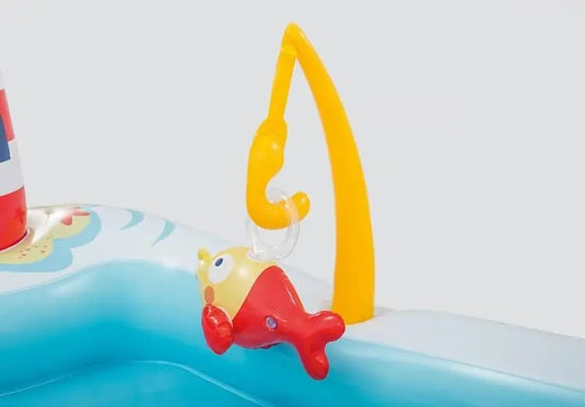 Gele hengel met een rode vis.