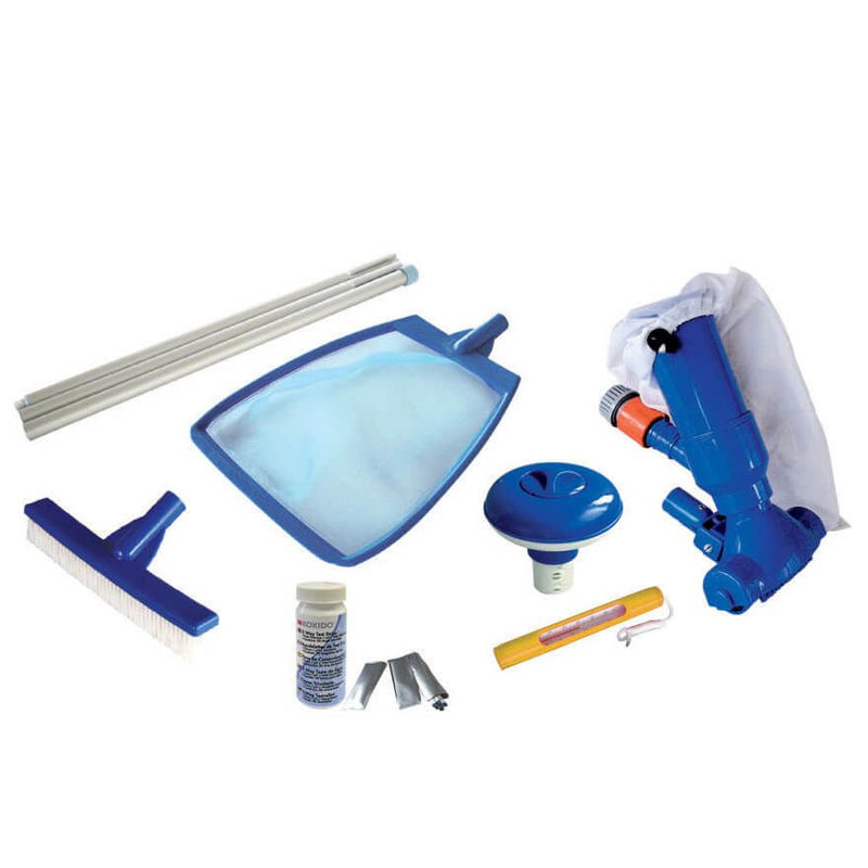 Laad afbeelding in galerijtoner, Kokido zesdelige reinigingsset met een steel, een blauwe schepnet, een chloordrijver, een borstel, watertesters en een stofzuiger