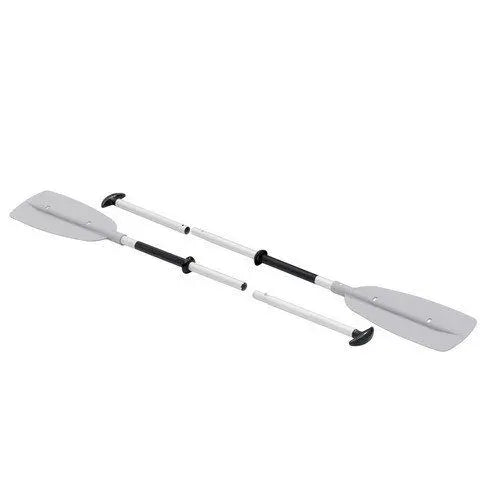 Twee witte en zwarte kajakpeddels met afneembare handvatten en grijze bladen, gedemonteerd afgebeeld. Ideaal voor de Sevylor Adventure Kit Tweepersoons Opblaaskano van Sevylor en geweldig met verstelbare stoelen voor comfort en gemak.
