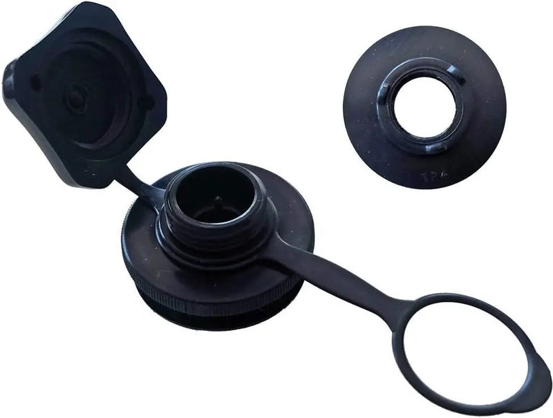 Laad afbeelding in galerijtoner, De Sevylor Mini Boston Ventiel, een zwarte plastic dop en plugset met koord, is ideaal als vervanging voor de bodemluchtkamer of mini Boston-klep op Sevylor-kajaks. Voor de duidelijkheid wordt de klep open en apart vanuit verschillende hoeken weergegeven.