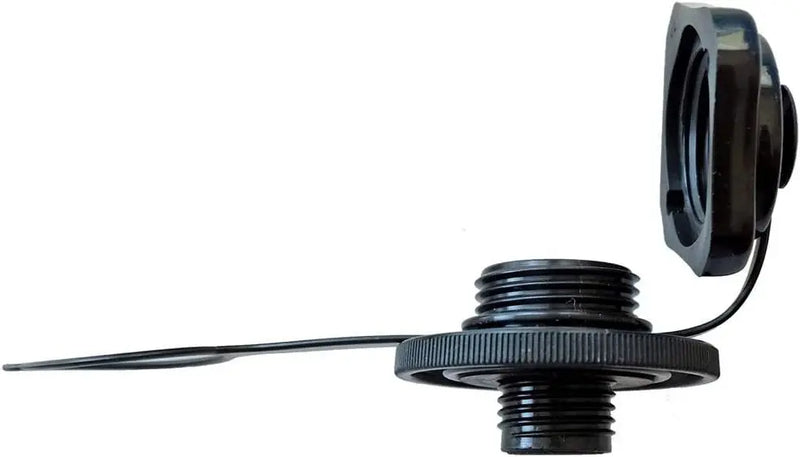 Laad afbeelding in galerijtoner, De Sevylor Mini Boston Ventiel, een zwarte plastic schroefdop met koord, is open en los afgebeeld. Ontworpen voor gebruik met Sevylor kajaks en compatibel met bodemluchtkamer-opblaassystemen. Merk: Sevylor.