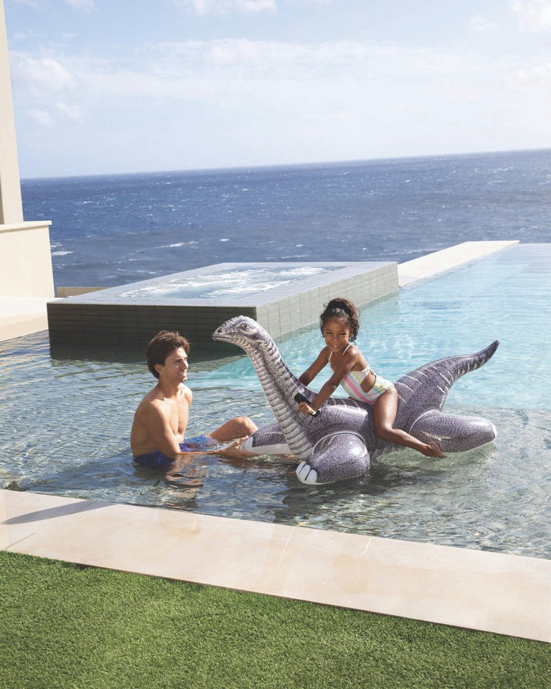 Laad afbeelding in galerijtoner, Twee personen spelen met paarse opblaasbare brontosaurus.