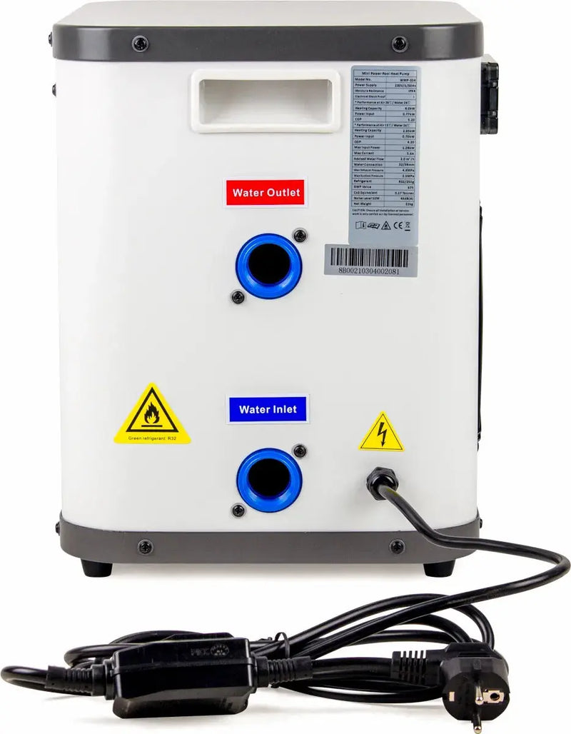 Laad afbeelding in galerijtoner, De W'eau Mini Power Zwembad Warmtepomp - 3 kW is een witte warmtepomp met gelabelde waterpoorten, waarschuwingsborden en een netsnoer - ideaal voor efficiënte zwembadwaterverwarming in uw opzetzwembad.
