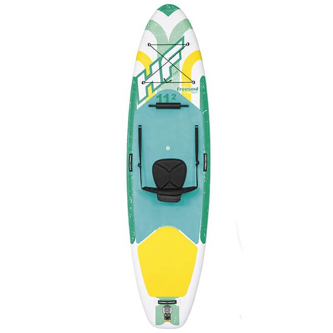Groen sup board inclusief een zwart stoeltje. 