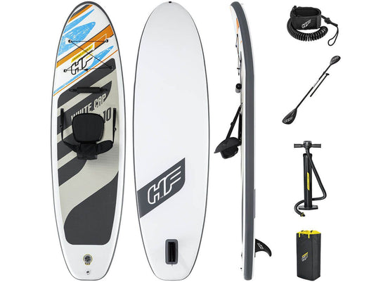 Alle onderdelen van de sup board set bestaande uit het sup board, een enkelband, een peddel, een pomp en een tas.