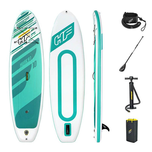 Complete inhoud van de sup board set bestaande uit het sup board, een peddel, een pomp, een enkelband en een tas