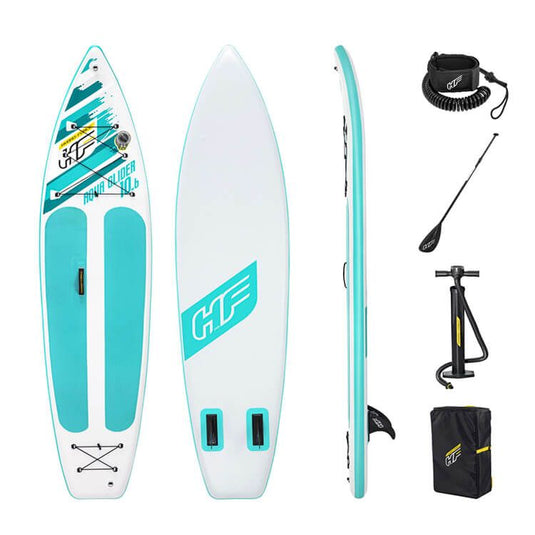 Complete set van het sup board bestaande uit het sup board, een enkelband, een peddel, een pomp en een tas.