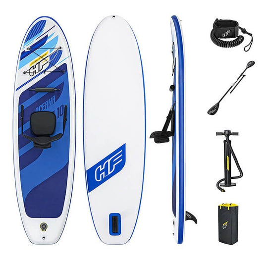 Complete set van het sup board bestaande uit het sup board, een enkelband, een peddel, een pomp en een tas. 