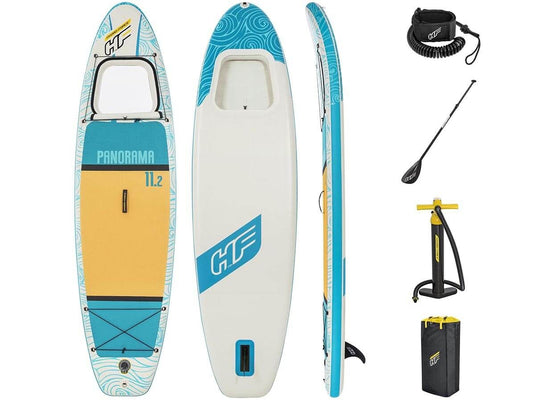 Complete inhoud van de sup board set bestaande uit het sup board, een enkelband, een peddel, een pomp en een tas.