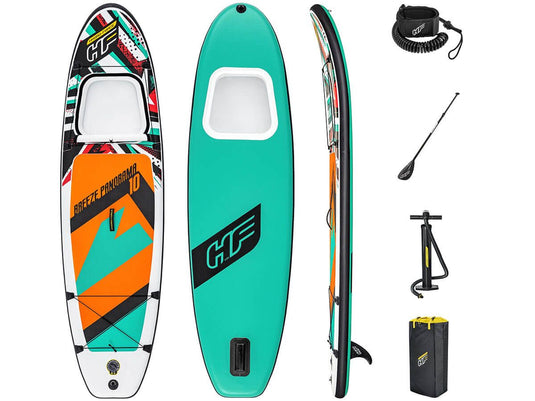 Complete set van het sup board bestaande uit het sup board, een enkelband, een peddel, een pomp en een tas.