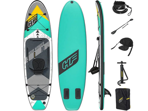 De Bestway Hydro Force Aqua Wander TravelTech Convertible SUP-boardset van Bestway wordt geleverd met peddel, pomp, leash, zitje, vin en draagtas – alles voor jouw avontuur. Bekijk de set vanuit meerdere hoeken.