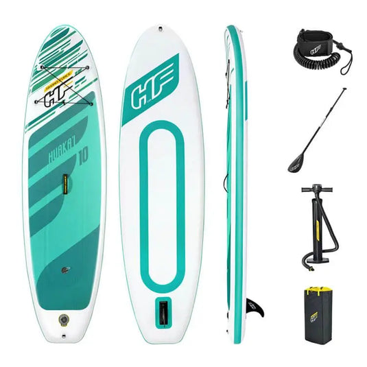 Complete inhoud van de sup board set bestaande uit het sup board, een peddel, een pomp, een enkelband en een tas
