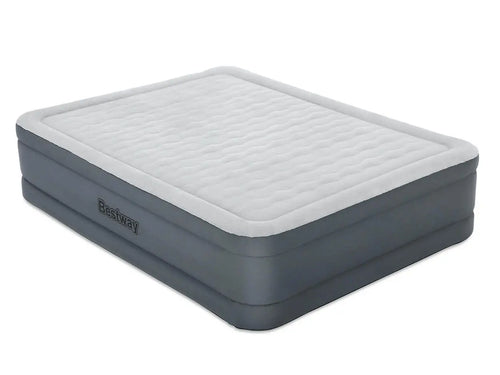 Het Bestway Tweepersoons Luchtbed Tough Guard Comfy, een grijs-wit rechthoekig opblaasbaar luchtbed met verhoogde zijkanten en een aanpasbare bovenkant, wordt afgebeeld op een witte achtergrond.