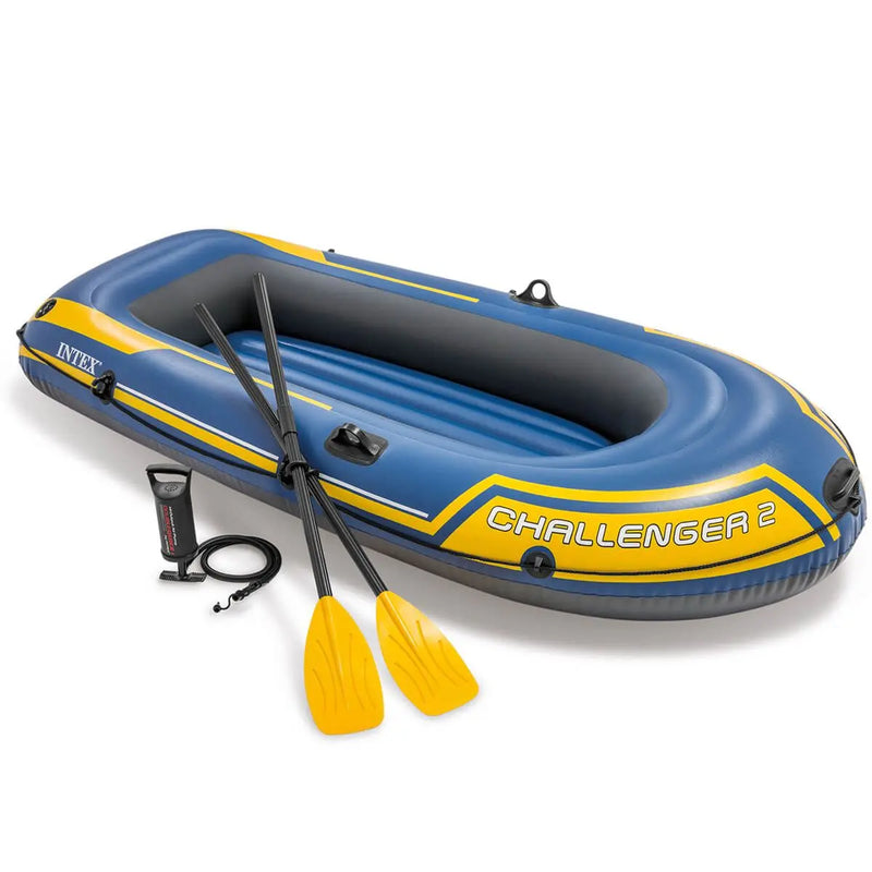 Laad afbeelding in galerijtoner, Blauw met gele Intex Challenger 2 opblaasboot met twee peddels en een pomp
