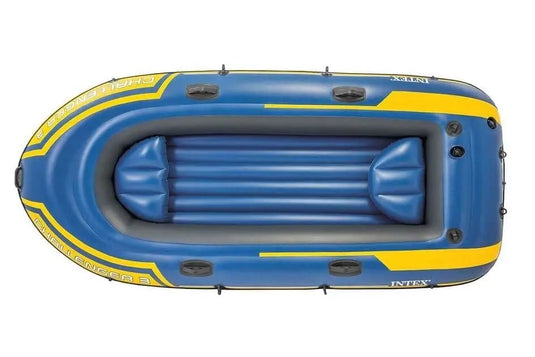 Blauw met gele Intex Challenger 3 opblaasboot en twee zitjes