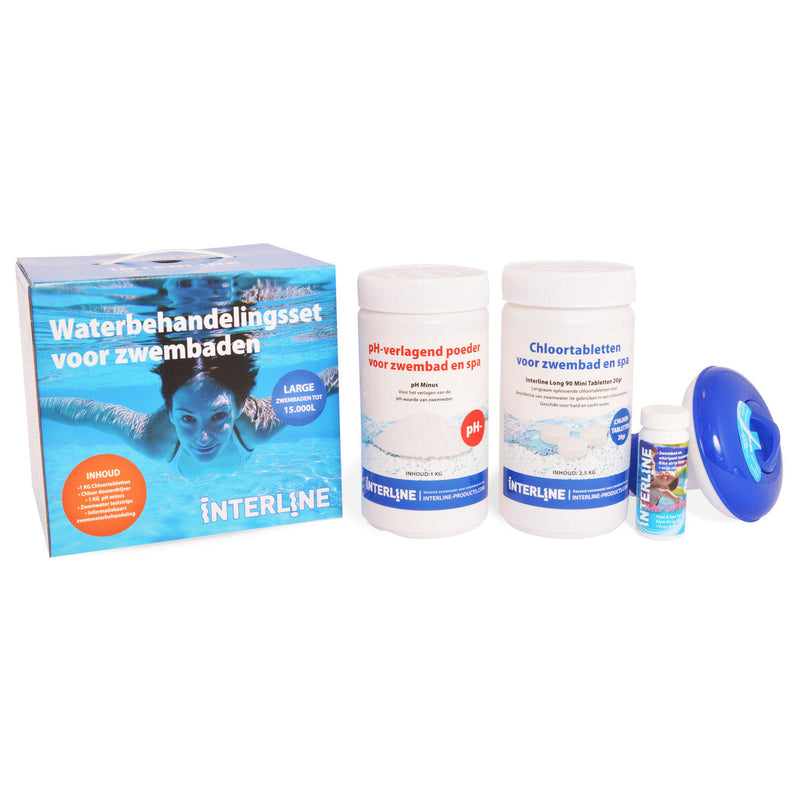Laad afbeelding in galerijtoner, Blauwe kartonnen doos van Interline waterbehandeling starterset met daarnaast de losse onderdelen van de set
