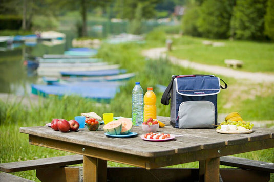 Blauwe koeltas op picknicktafel met fruit.