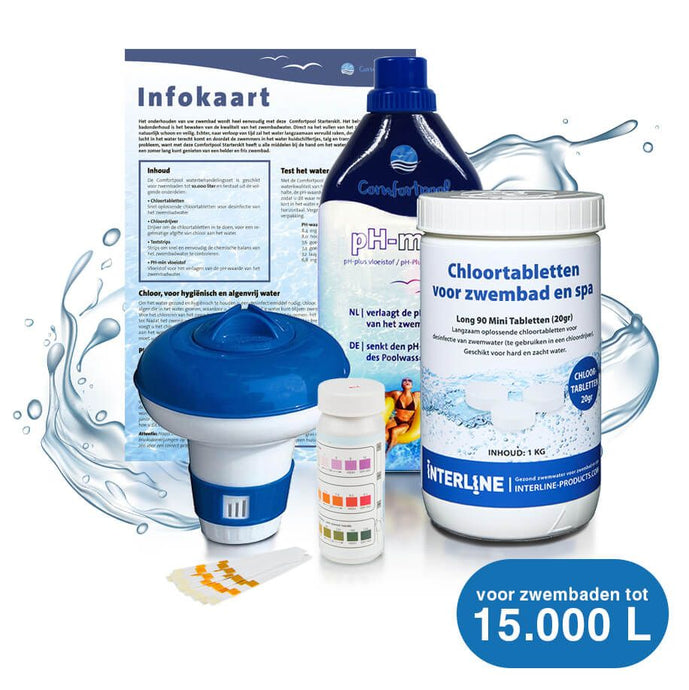 Alle onderdelen van de startkit voor zwembadonderhoud.