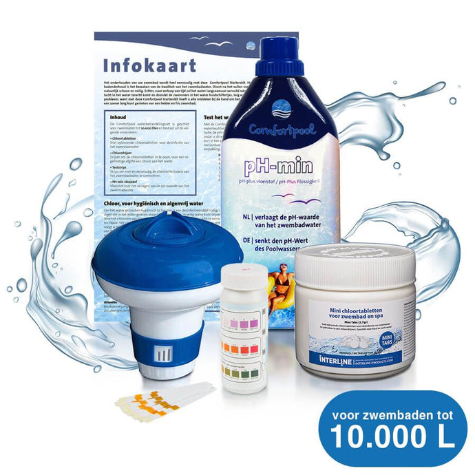 Alle onderdelen van de startkit voor zwembadonderhoud. 