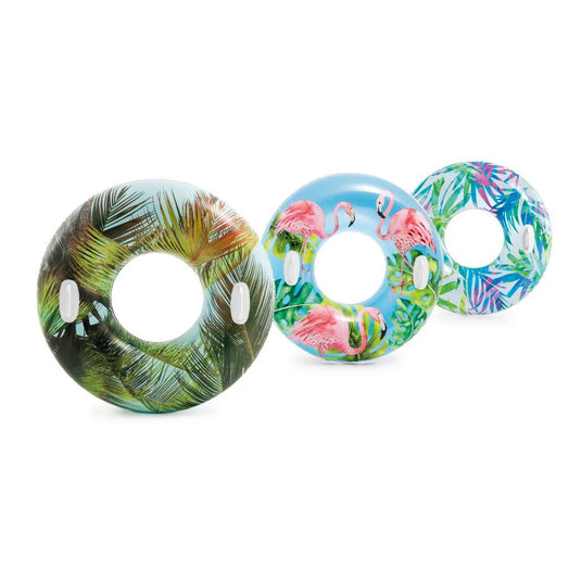 Drie opblaasbare zwembanden van Intex. De eerste heeft een palboomprint, de tweede heeft roze flamingo's en de laatste heeft gekleurde bladeren