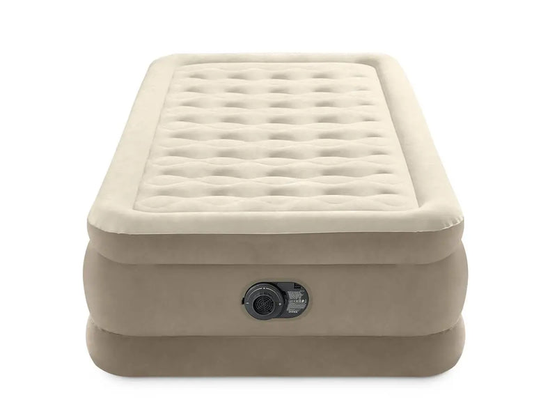 Laad afbeelding in galerijtoner, Een beige Intex ultra plush eenpersoons luchtbed met een ingebouwde pomp
