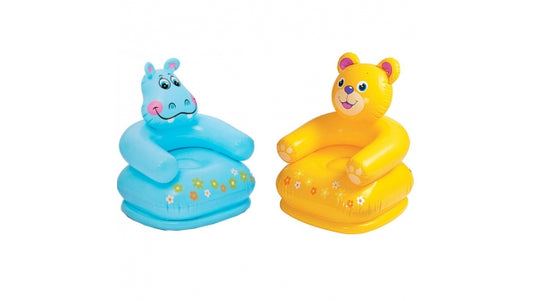 Een blauwe en een gele Intex Opblaasbare Dierenstoel