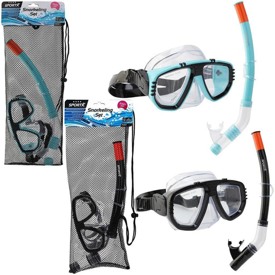 Een blauwe en een zwarte SportX snorkelset voor volwassenen