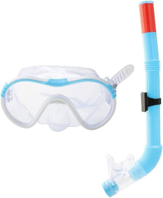 Een blauwe snorkelset bestaande uit een duikbril en een snorkel van SportX