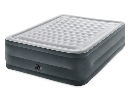 Een grijs Intex Comfort Plush tweepersoons luchtbed met een ingebouwde pomp