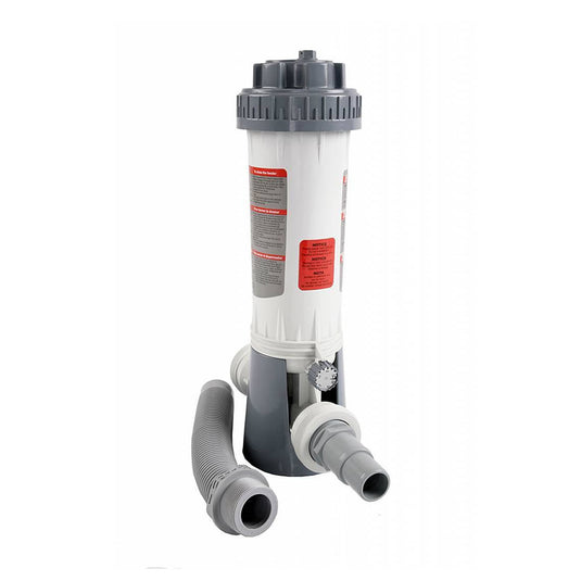 Een grijs met witte automatische chloorverdeler van Interline voor zwembaden