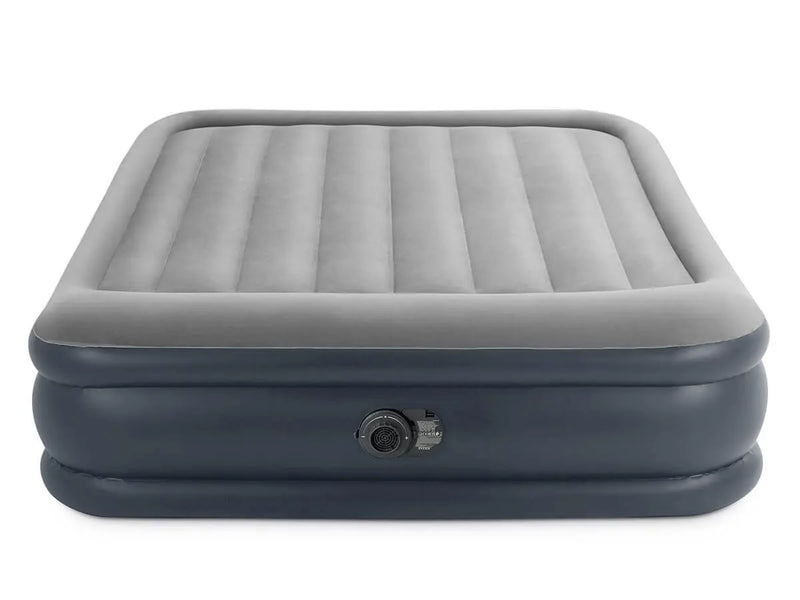 Laad afbeelding in galerijtoner, Een grijze Intex Pillow Rest Deluxe tweepersoons luchtbed met ingebouwde pomp
