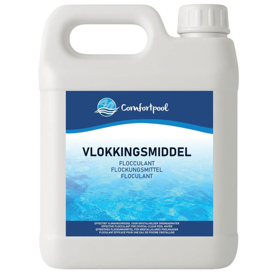 Een witte fles met daarin 2.5 liter vlokmiddel van Comfortool