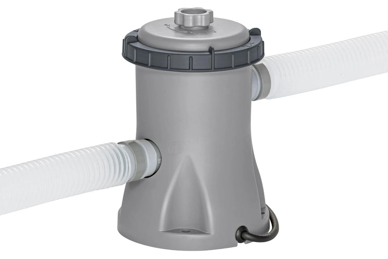 Laad afbeelding in galerijtoner, Grijze filterpomp met twee doorzichtige slangen aangesloten aan de pomp
