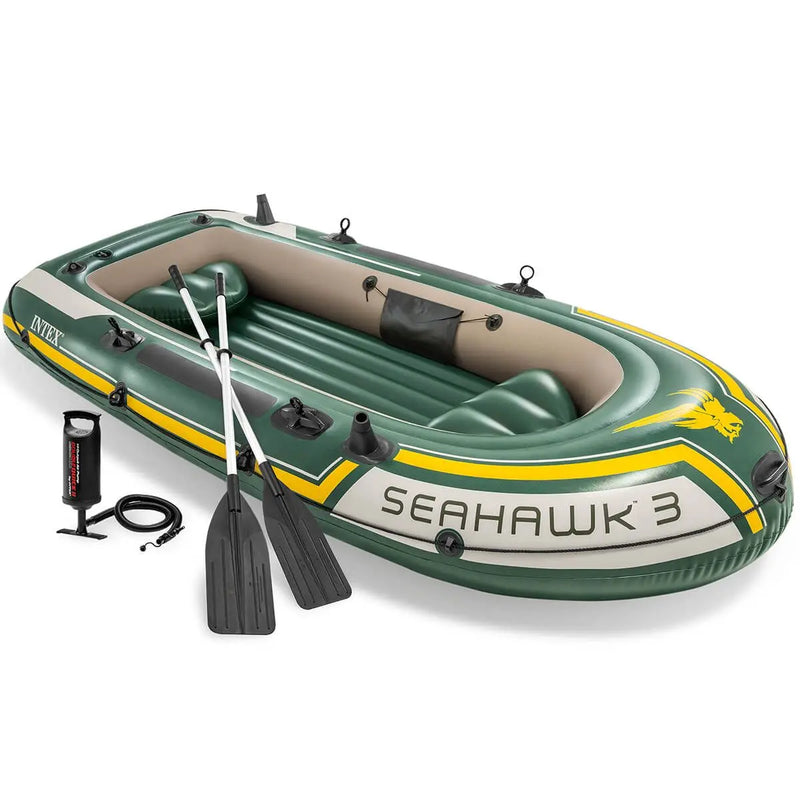 Laad afbeelding in galerijtoner, Groene Intex Seahawk 3 Opblaasboot met twee peddels en een handpomp
